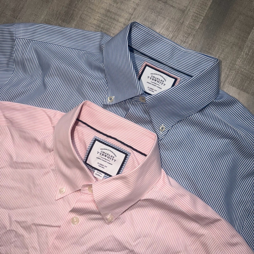 Charles Tyrwhitt Dress Shirt Mens 17 35 Classic Fit Striped Non-Iron Lot Of 2